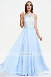 A-line Floor-length Sleeveless Sky Blue Evening Dress