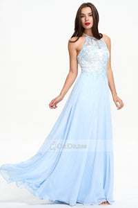A-line Floor-length Sleeveless Sky Blue Evening Dress