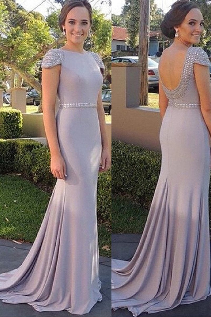 Silver Floor-length Natural Chiffon Cap Sleeves Silver Prom Dresses