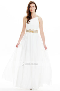 White Brilliant Chiffon A-line One-shoulder Floor-length Prom Dresses