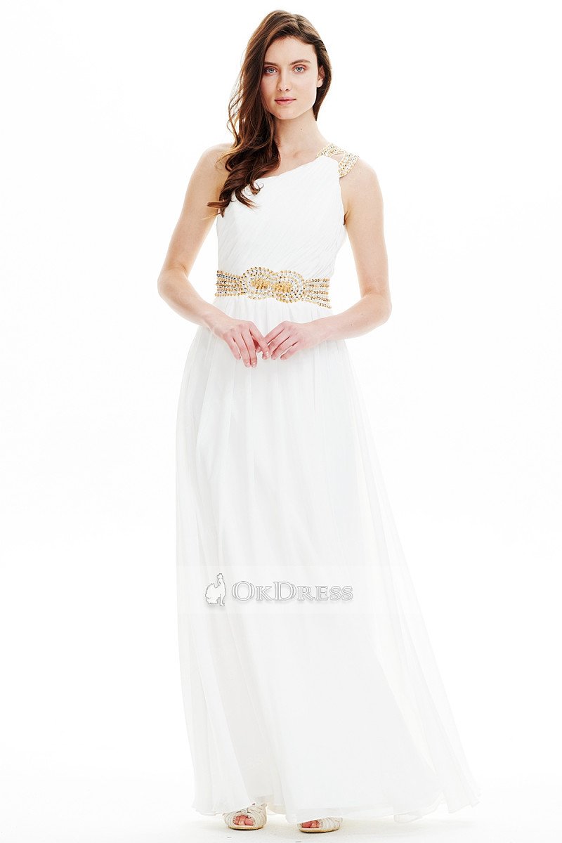 White Brilliant Chiffon A-line One-shoulder Floor-length Prom Dresses
