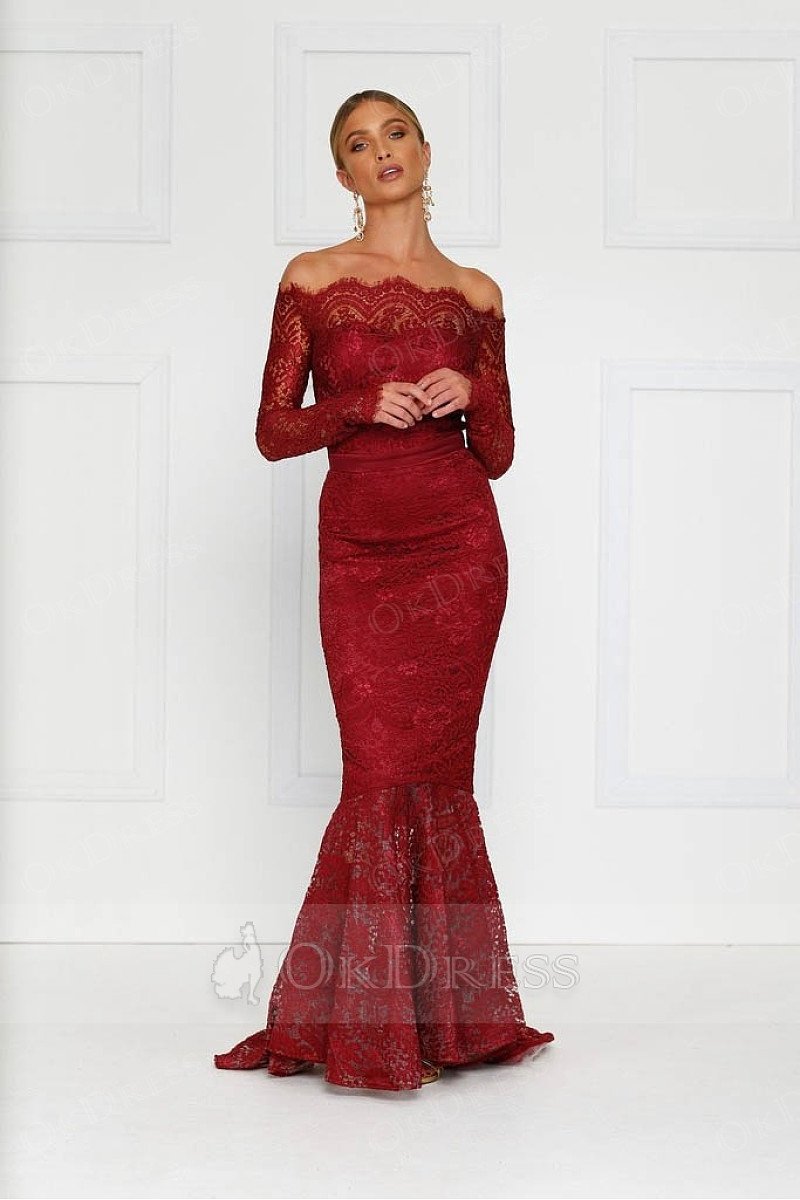 Burgundy Off-the-shoulder Long Sleeves Trumpet/Mermaid Evening Gowns