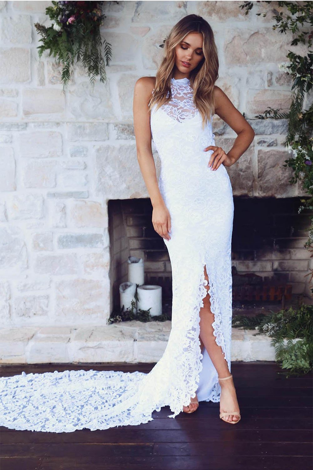 High Neck Sheath Column Backless Lace Wedding Dress with Long