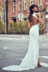 High Neck Sheath/Column Backless Lace Wedding Dress with Long Train