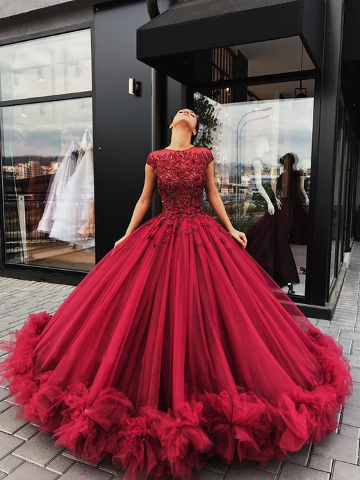Junoesque Burgundy Tulle Appliques Ball Gown Prom Dresses