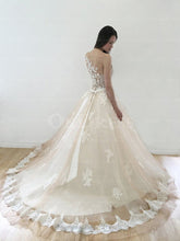 Champagne Particular Applique Sweep Train Buttons Scoop Sleeveless Wedding Dresses