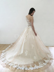 Champagne Particular Applique Sweep Train Buttons Scoop Sleeveless Wedding Dresses