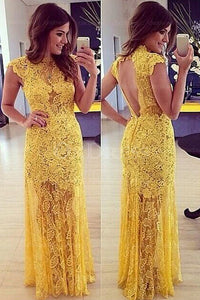 Yellow Elaborate Sleeveless Sheath/Column Lace Prom Dresses