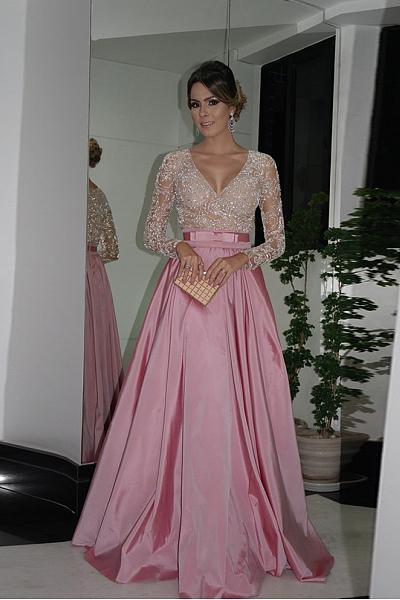 Pink Glamorous Taffeta Full/Long Sleeve Long/Floor-length Beaded Prom Dresses