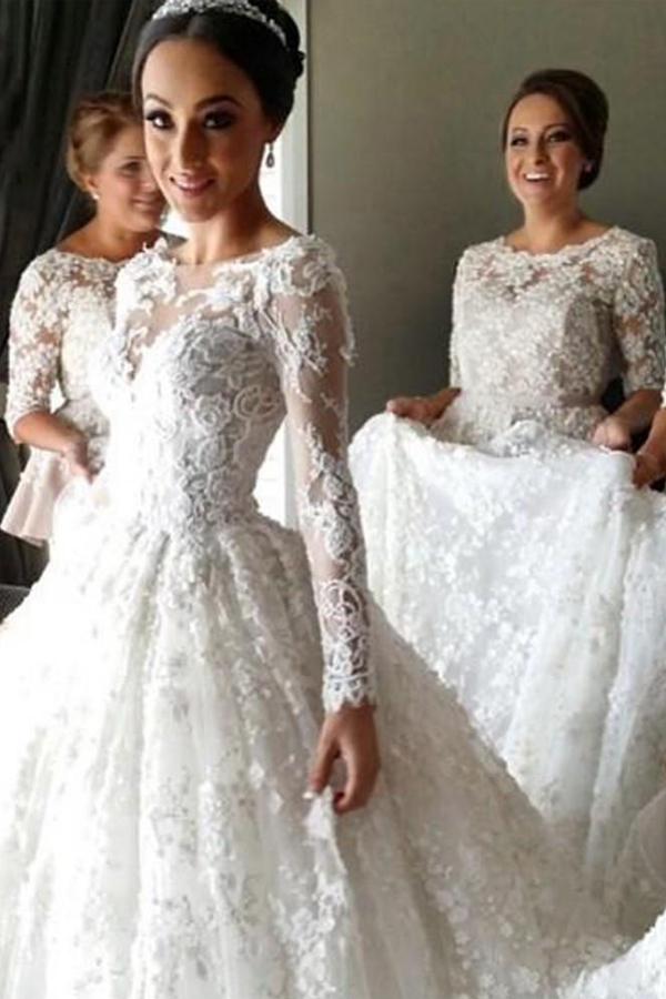Ivory Mild Scoop Long Sleeves A-line/Princess Applique Wedding Dresses