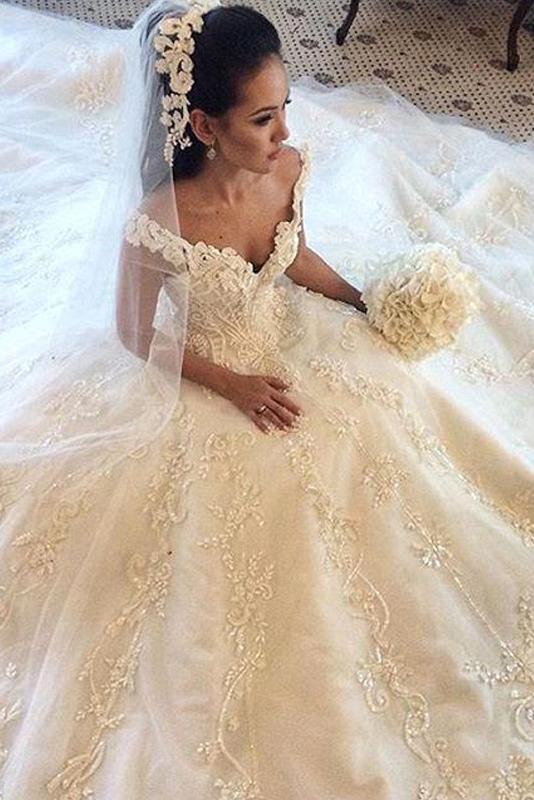 Delicate Chapel Train Sleeveless Off The Shoulder Natural Wedding Dresses