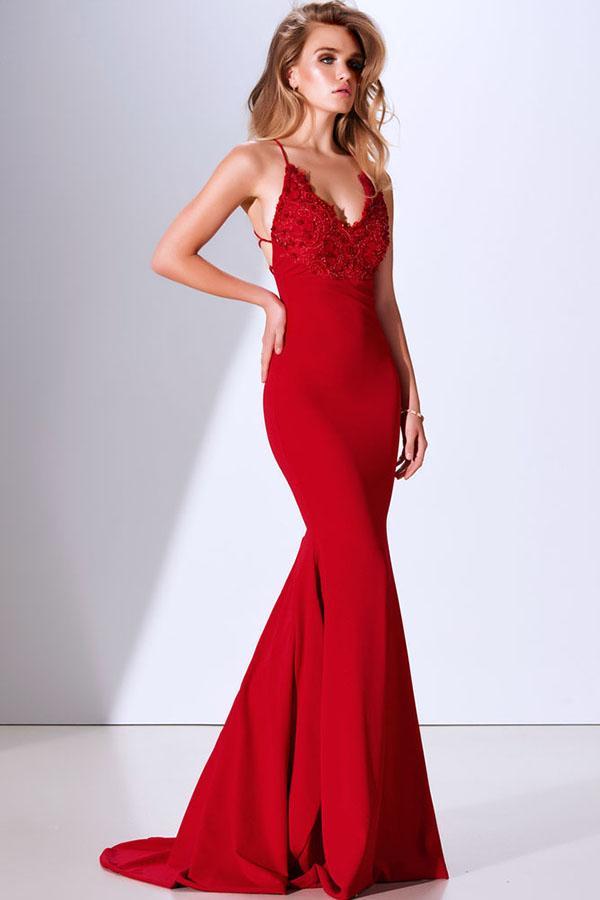 Red Trumpet/Mermaid Spaghetti Straps V-neck Long Evening Dresses