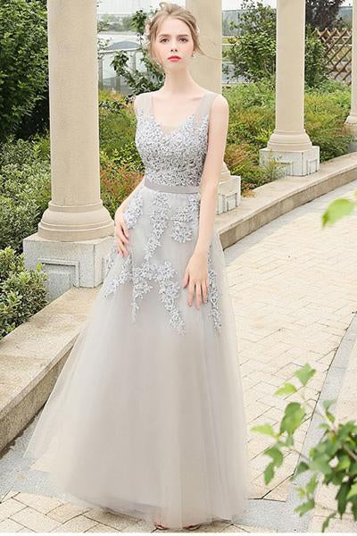 Silver Vintage A-line Lace Applique Beading Long Formal Prom Dresses
