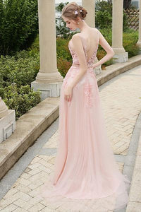 Pink Vintage A-line Lace Applique Beading Long Formal Prom Dresses