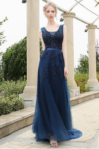 Dark Navy Vintage A-line Lace Applique Beading Long Formal Prom Dresses