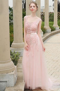 Pink Vintage A-line Lace Applique Beading Long Formal Prom Dresses