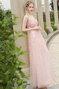 Pink Vintage A-line Lace Applique Beading Long Formal Prom Dresses