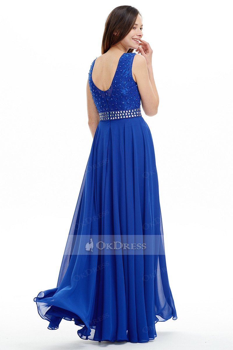 Blue A-line/Princess Royal Beaded Long Chiffon Prom Dress Okeydress Blue A-line/Princess Royal Beaded Long Chiffon Prom Dress Okeydress