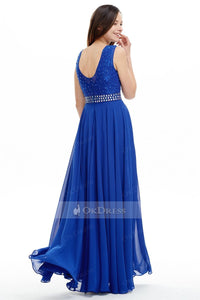 Blue A-line/Princess Royal Beaded Long Chiffon Prom Dress