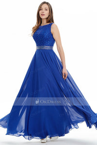 Blue A-line/Princess Royal Beaded Long Chiffon Prom Dress