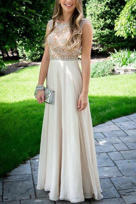 Champagne Empire Chiffon Beading A-line Sleeveless Prom Dresses