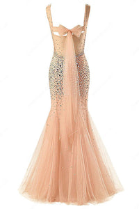 Mermaid Sleeveless Lace-up Champagne Tulle Crystal Detailing Prom Dresses