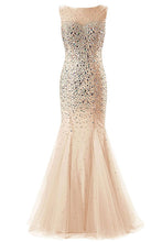 Mermaid Sleeveless Lace-up Champagne Tulle Crystal Detailing Prom Dresses