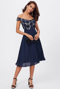 Off-the-Shoulder Lace Bodice Empire Chiffon Short Prom Dresses