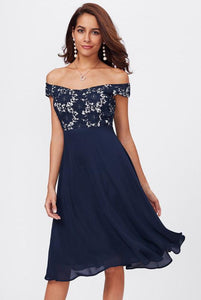 Off-the-Shoulder Lace Bodice Empire Chiffon Short Prom Dresses