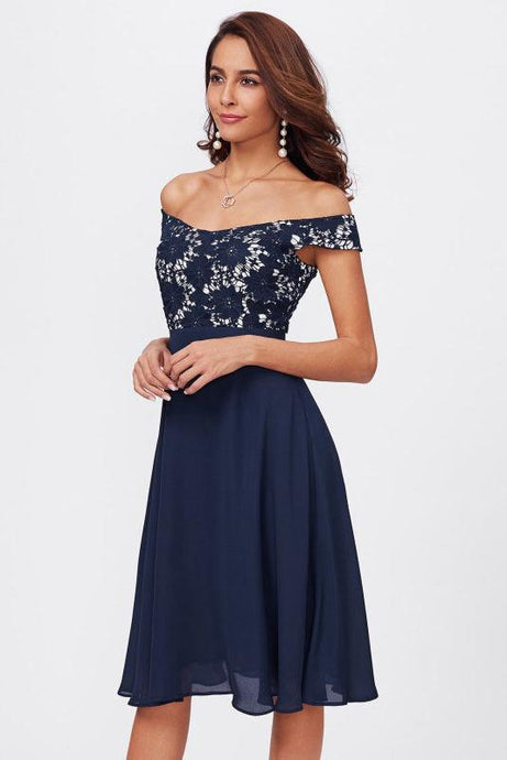 Off-the-Shoulder Lace Bodice Empire Chiffon Short Prom Dresses