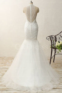 Deluxe Pearl Detailing Tulle Sweep Train Sleeveless Prom Dresses
