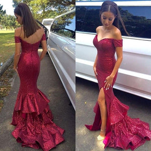 Trumpet/Mermaid Off-the-shoulder Flounced Split Long Sequined Prom Dresses