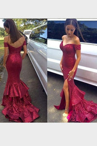 Trumpet/Mermaid Off-the-shoulder Flounced Split Long Sequined Prom Dresses