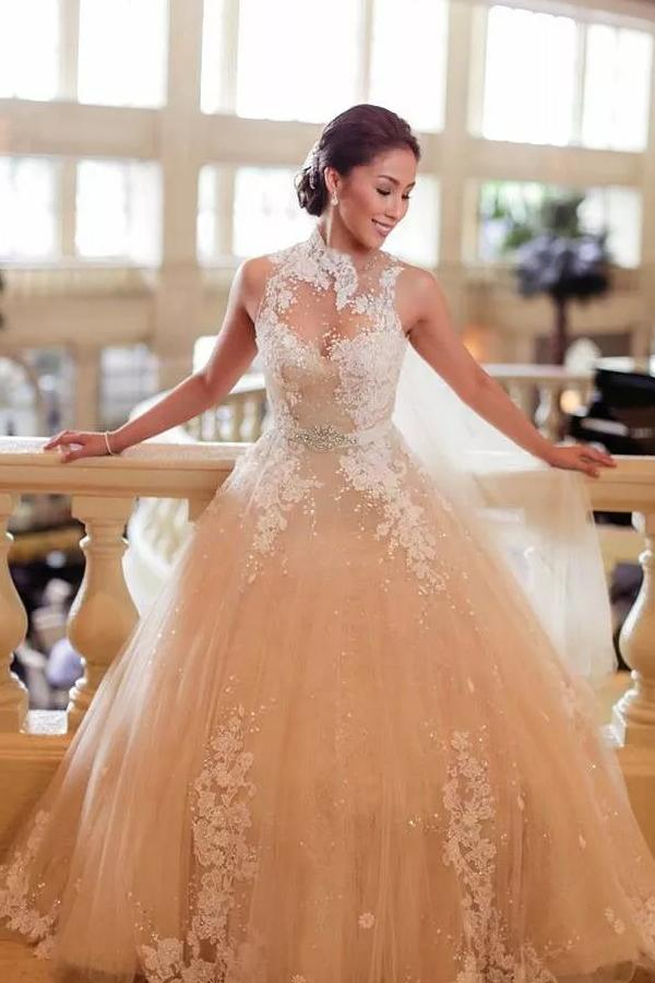 Adorable Tulle Ball Gown Sashes/Ribbons High Neck Wedding Dresses