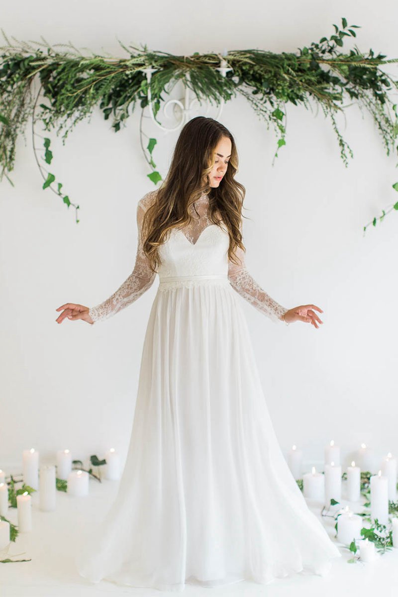 A-line Long Sleeves Sweetheart Chiffon Wedding Dresses