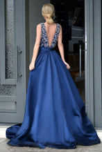 Dark Navy Sexy A-line Deep V-neck Sleeveless Beading Long Prom Dresses