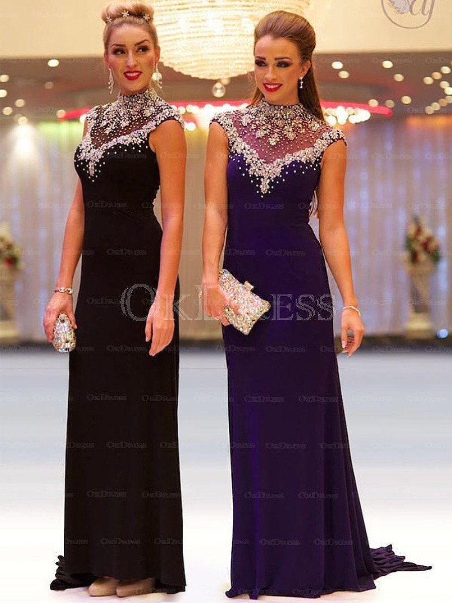 Black Admirable Sheath/Column High-neck Sleeveless Beading Long Prom Dresses