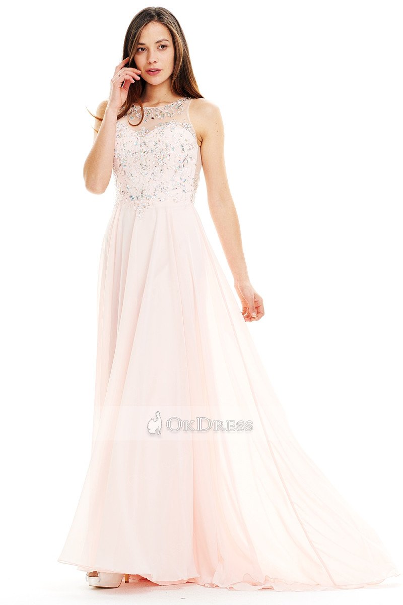 Pink Hot Chiffon A-line Bateau Floor-length Prom Dresses