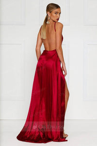 Red Sexy Long Satin Prom Dress with Two Flirty Side Thigh-High Splits