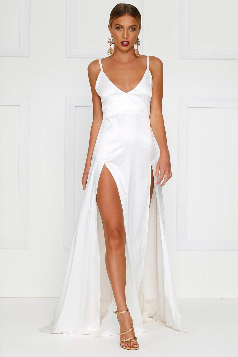 White Sexy Long Satin Prom Dress with Two Flirty Side Thigh-High Splits