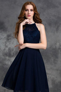 A-line Halter Jewel Lace Top Chiffon Short Bridesmaid Dresses