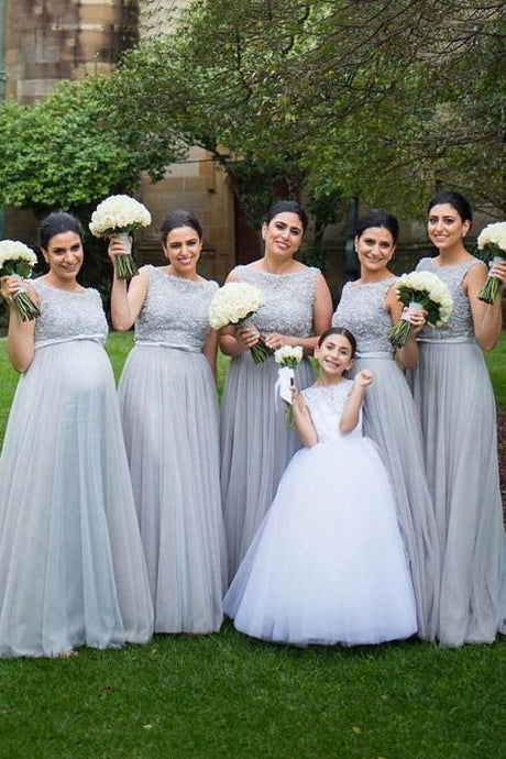 Silver Standing Out A-line Floor-length Sleeveless Tulle Bridesmaid Dresses