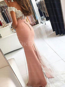 Pink Luxury Off-the-shoulder Trumpet/Mermaid Sweep Train Prom Dresses