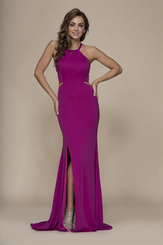 Sheath/Column Halter Front Split Long Formal Prom Dresses