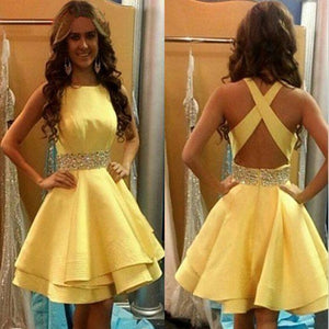 Neat A-line Sleeveless Beading Above-knee Yellow Prom Dresses