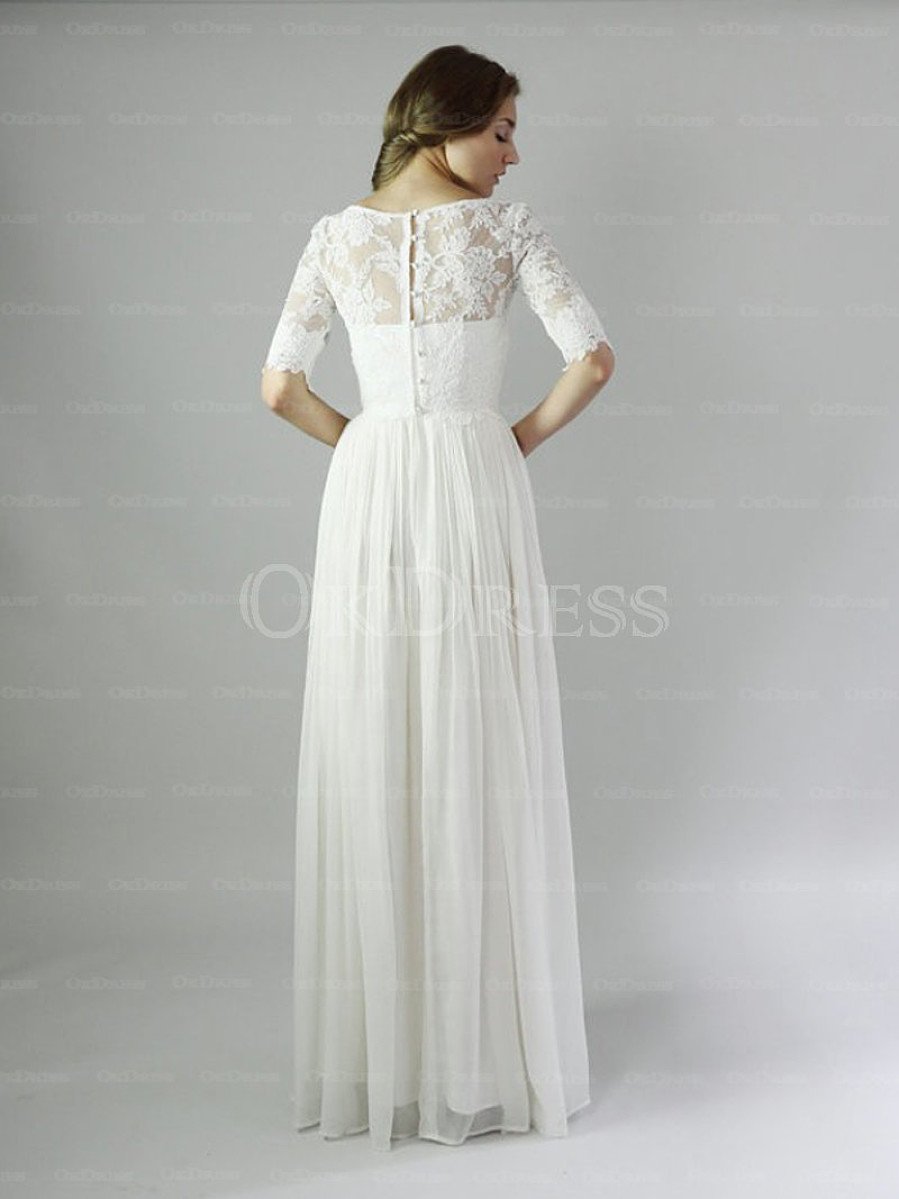 White Breathtaking A-line 1/2 Sleeves Covered Button Floor-length Wedd ...