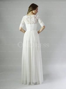 White Breathtaking A-line 1/2 Sleeves Covered Button Floor-length Wedding Dresses