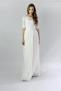 White Breathtaking A-line 1/2 Sleeves Covered Button Floor-length Wedding Dresses