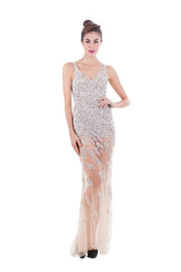 Champagne Mature Straps Tulle Trumpet/Mermaid V-neck Sleeveless Beading Evening Dresses