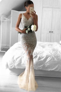 Champagne Mature Straps Tulle Trumpet/Mermaid V-neck Sleeveless Beading Evening Dresses